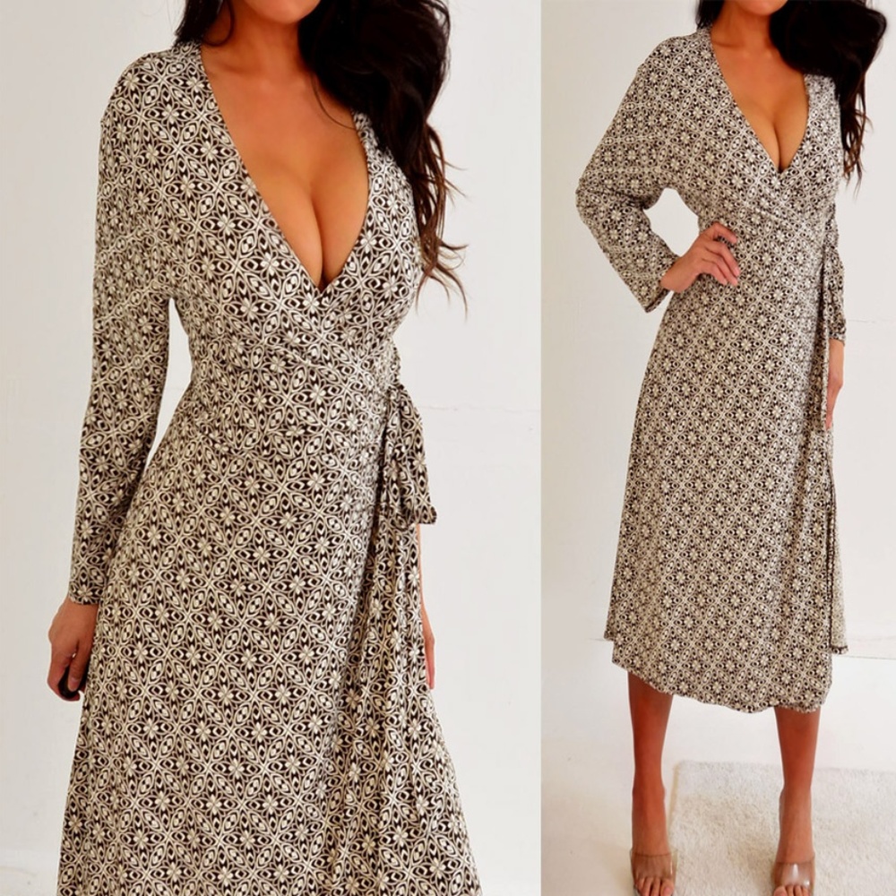 Apt 9 Brown Beige 3/4 Sleeve Wrap Dress XL - Picture 2 of 8